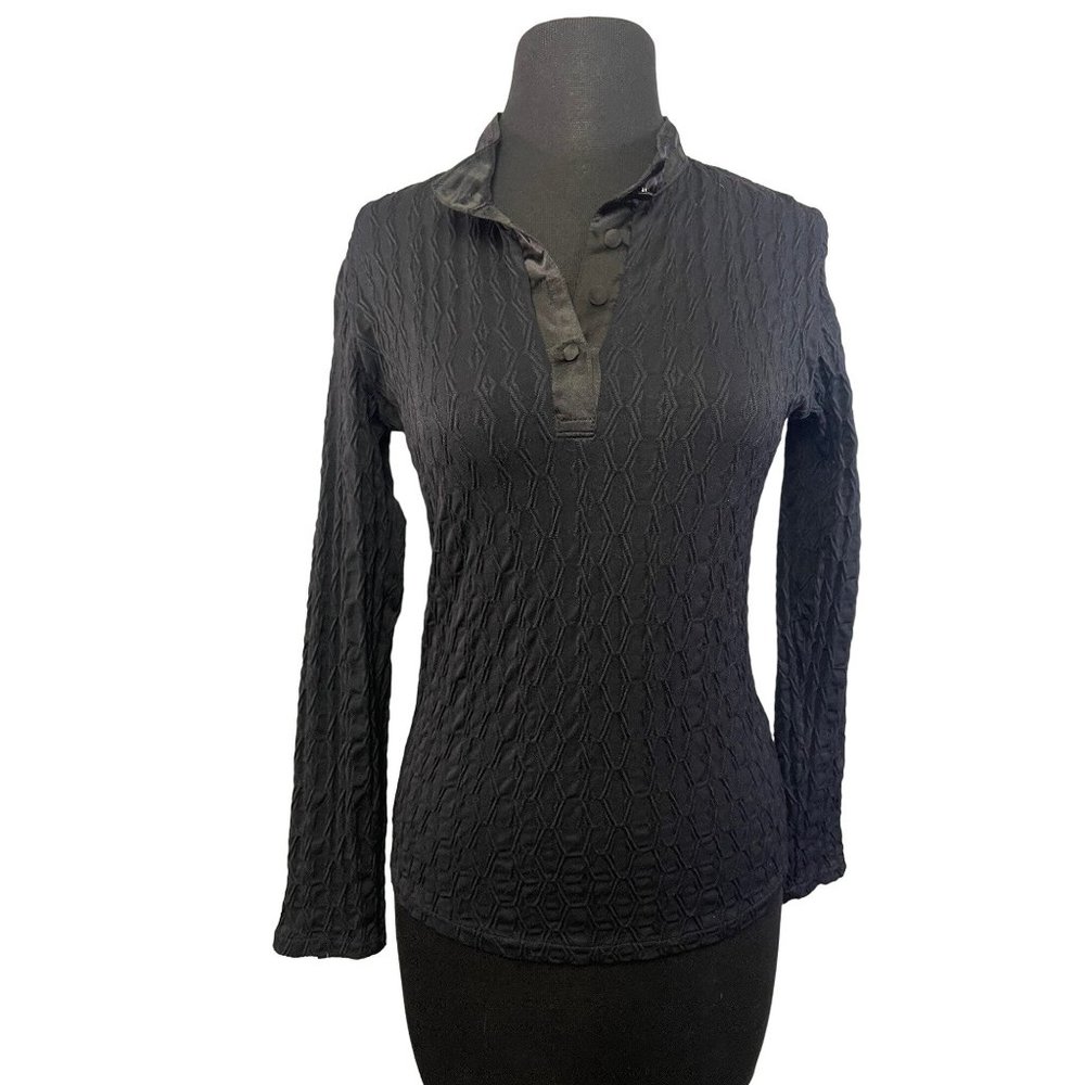 French Long Sleeve 1/4 Button Black Top Size Small Stretchy Waffle Type Material